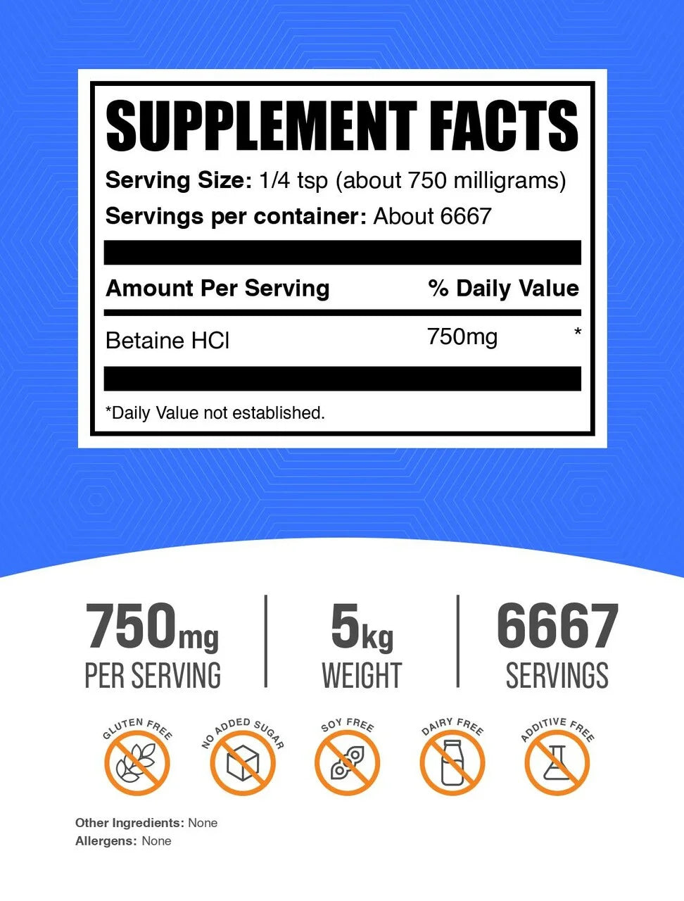 Bulksupplements Betaine Hcl Powder - 750Mg per Serving - 5 Kilograms (11 Lbs) - 6667 Servings