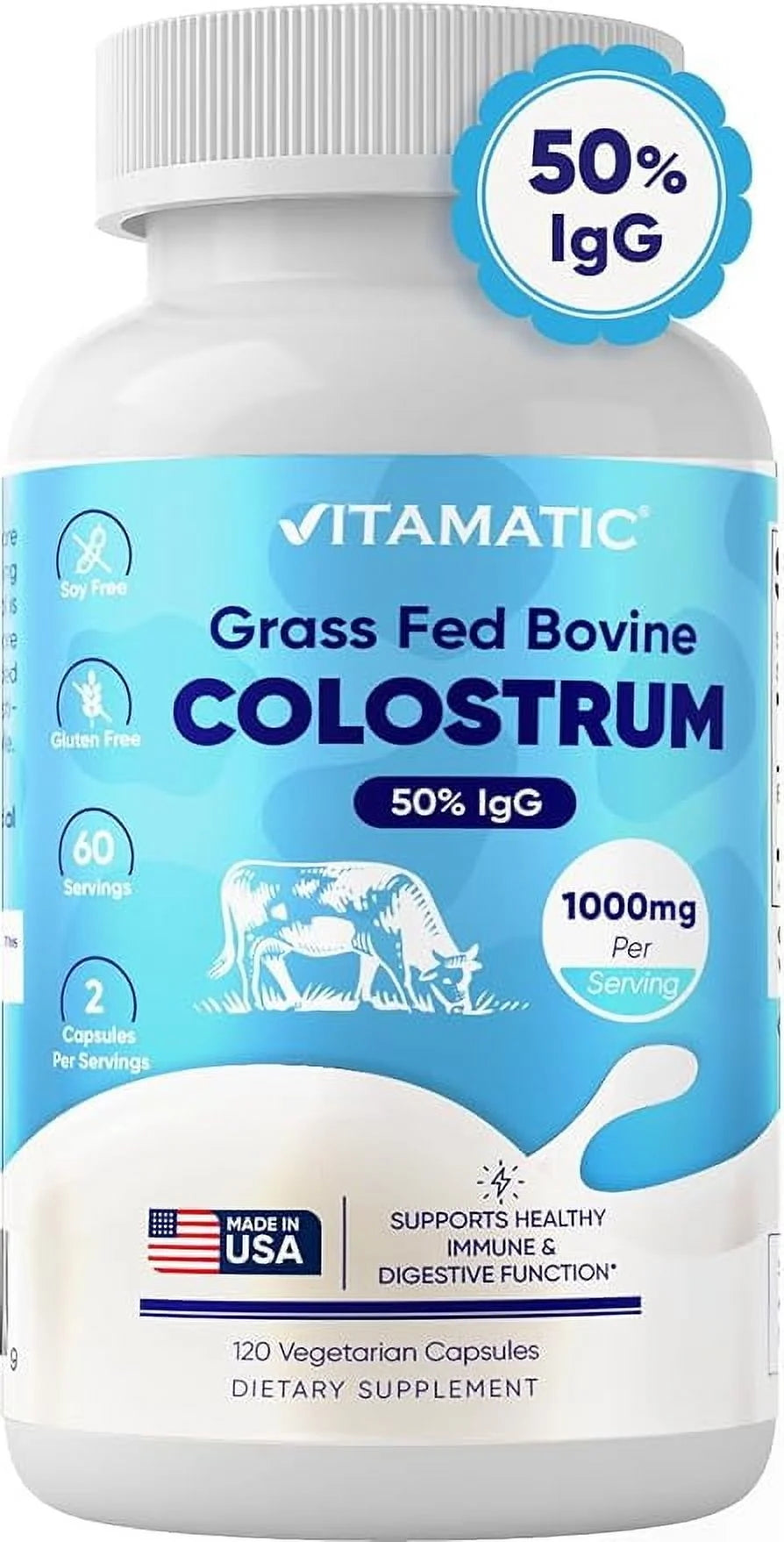 Bovine Colostrum Supplement 1000 Mg per Serving - 50% Highest Igg - Supplement for Gut Health, Hair Growth, Beauty, Muscle Recovery, & Immune Support - 120 Capsules