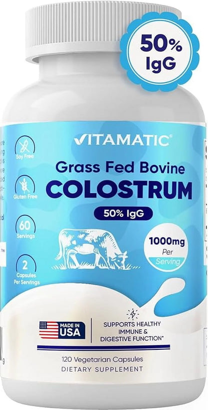 Bovine Colostrum Supplement 1000 Mg per Serving - 50% Highest Igg - Supplement for Gut Health, Hair Growth, Beauty, Muscle Recovery, & Immune Support - 120 Capsules