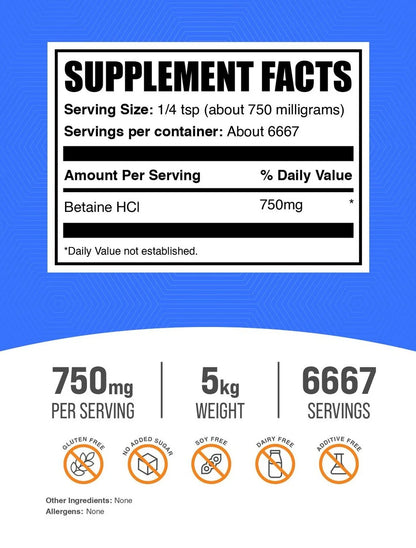 Bulksupplements Betaine Hcl Powder - 750Mg per Serving - 5 Kilograms (11 Lbs) - 6667 Servings