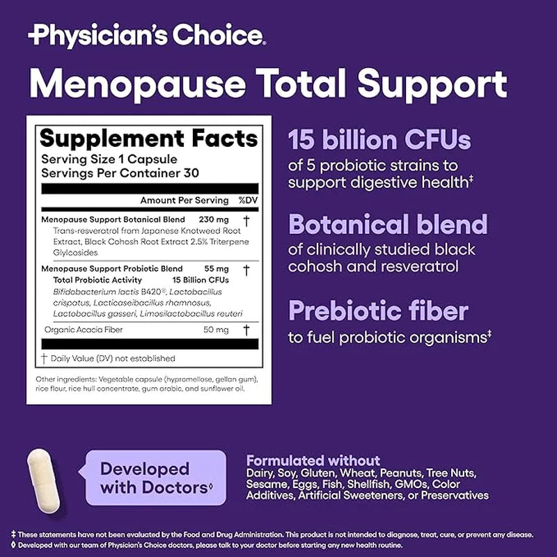 Physician'S Choice Menopause Probiotic Supplement for Women - Supports Hormone Balance, Hot Flashes, Night Sweats, Weight Management, Bloating & Gut Health - 30 Counts