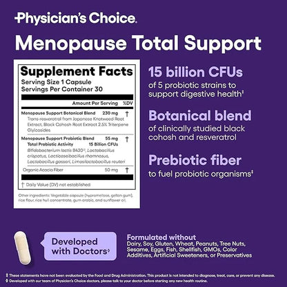 Physician'S Choice Menopause Probiotic Supplement for Women - Supports Hormone Balance, Hot Flashes, Night Sweats, Weight Management, Bloating & Gut Health - 30 Counts