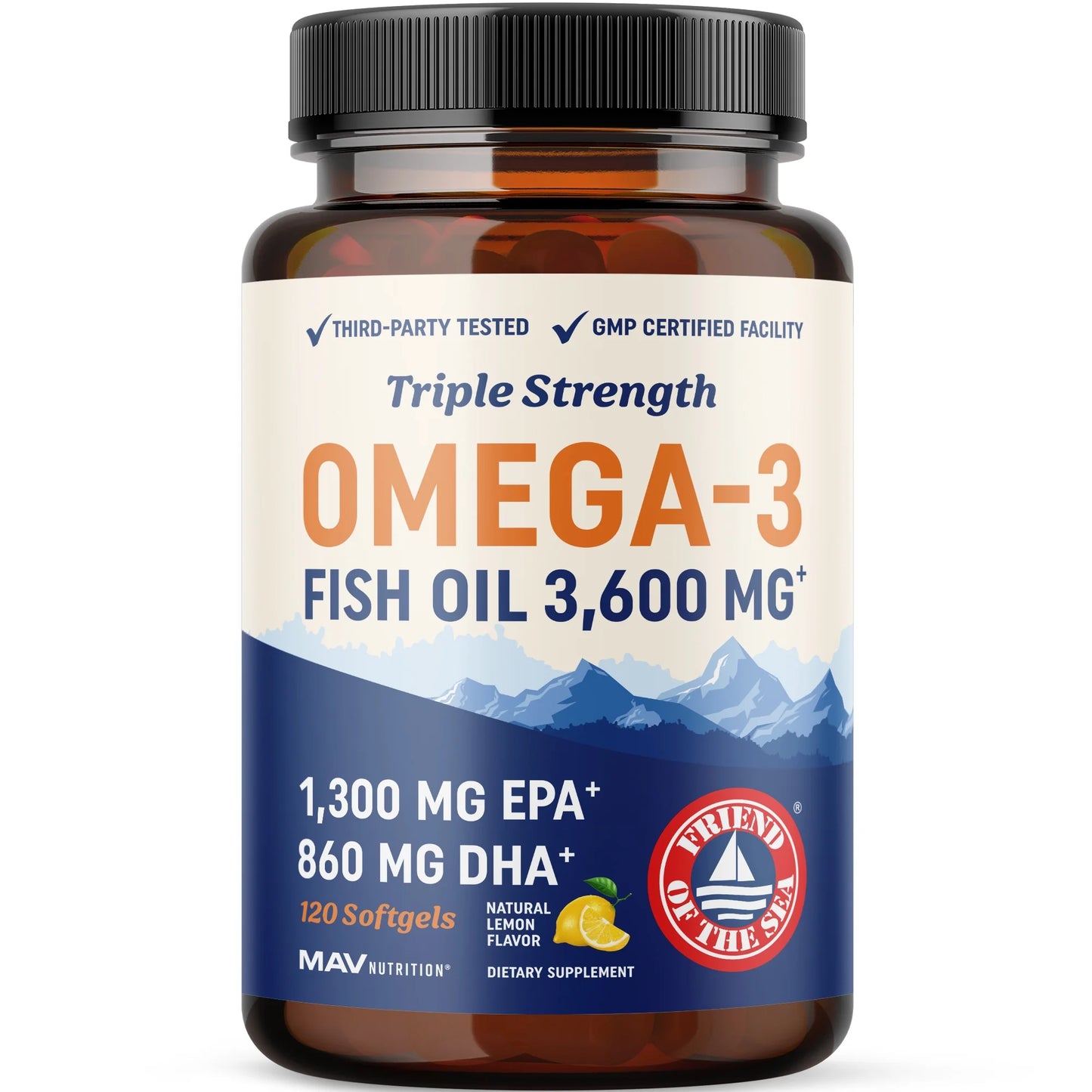 Triple Strength Omega 3 Fish Oil 3600 Mg | EPA & DHA | over 2100Mg Omega-3 Fatty Acids | 1300Mg EPA + 860Mg DHA | Burpless Fish Oil Omega 3 Supplements | 120 Ct