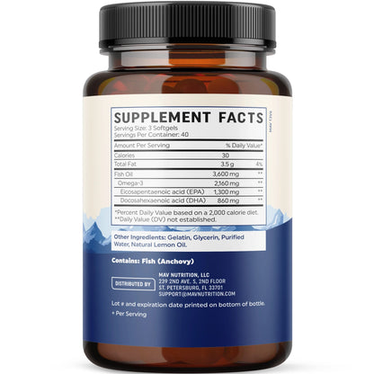 Triple Strength Omega 3 Fish Oil 3600 Mg | EPA & DHA | over 2100Mg Omega-3 Fatty Acids | 1300Mg EPA + 860Mg DHA | Burpless Fish Oil Omega 3 Supplements | 120 Ct
