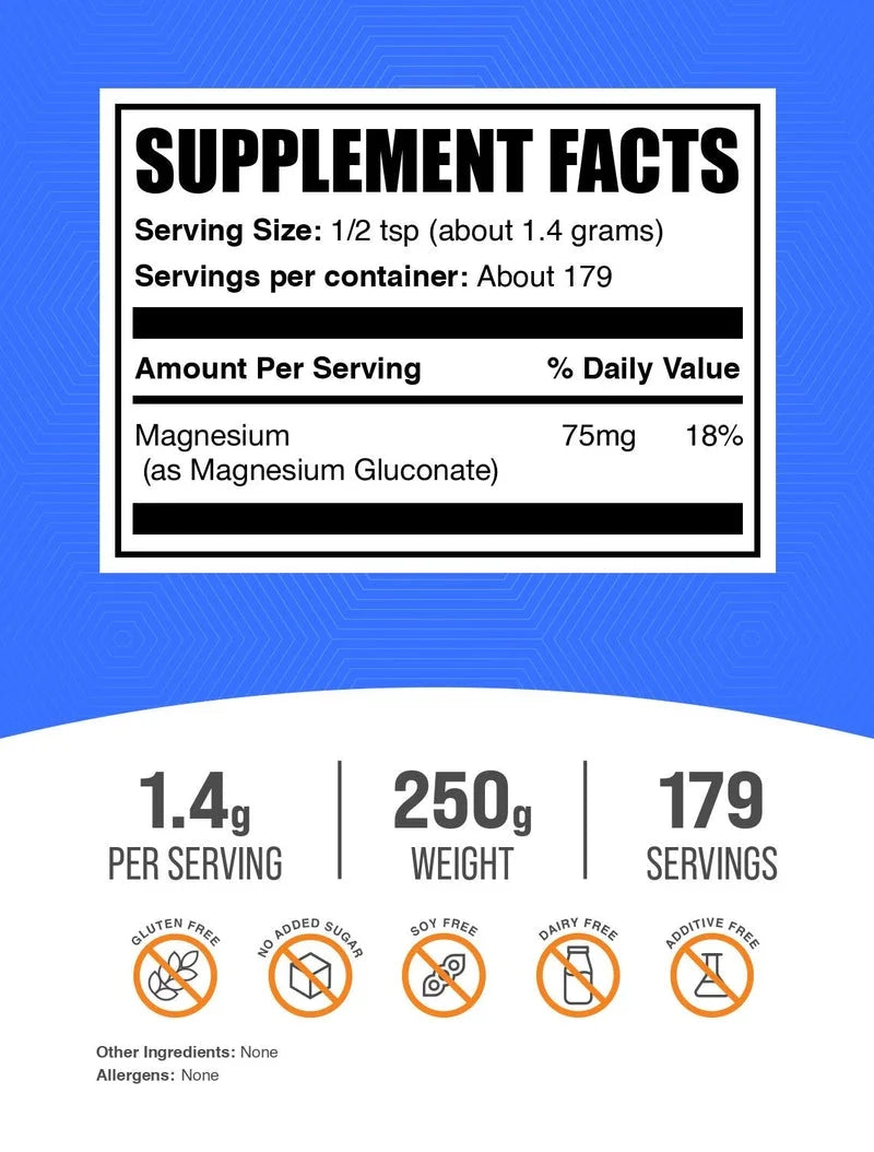 Bulksupplements Magnesium Gluconate Powder- 1.4G per Serving - 250 Grams (8.8 Oz) - 178 Servings