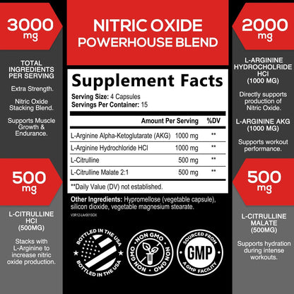 Extra Strength Nitric Oxide Booster 3000Mg - 3X Strength L-Arginine AKG & Citrulline Malate - Premium Nitric Booster Natural Energy, Muscle & Heart Support, Bottled in USA Men & Women - 60 Capsules