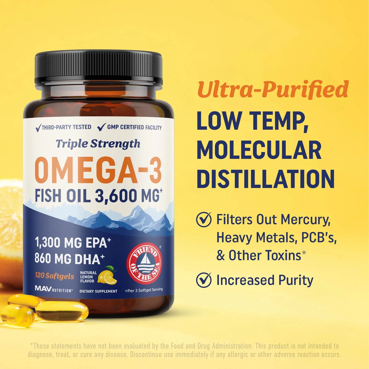 Triple Strength Omega 3 Fish Oil 3600 Mg | EPA & DHA | over 2100Mg Omega-3 Fatty Acids | 1300Mg EPA + 860Mg DHA | Burpless Fish Oil Omega 3 Supplements | 120 Ct