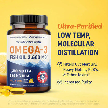 Triple Strength Omega 3 Fish Oil 3600 Mg | EPA & DHA | over 2100Mg Omega-3 Fatty Acids | 1300Mg EPA + 860Mg DHA | Burpless Fish Oil Omega 3 Supplements | 120 Ct