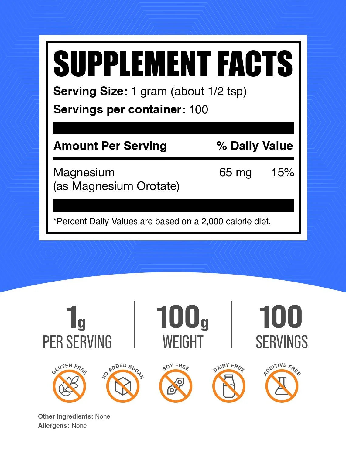 Bulksupplements Magnesium Orotate Powder- 1G per Serving - 100 Grams (3.5 Oz) - 100 Servings
