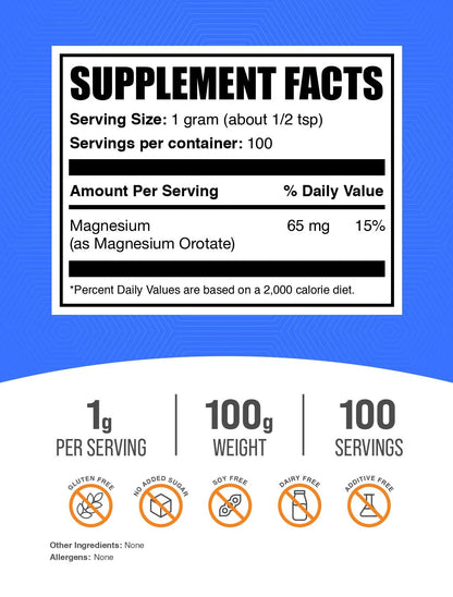 Bulksupplements Magnesium Orotate Powder- 1G per Serving - 100 Grams (3.5 Oz) - 100 Servings