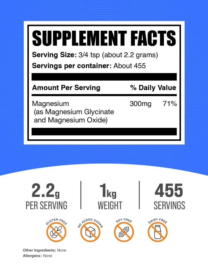 Bulksupplements Magnesium Glycinate Powder - Magnesium Supplement, Easily Absorbed, Unflavored, 2.2G per Serving, 1Kg (2.2 Lbs)