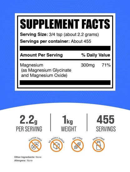 Bulksupplements Magnesium Glycinate Powder - Magnesium Supplement, Easily Absorbed, Unflavored, 2.2G per Serving, 1Kg (2.2 Lbs)