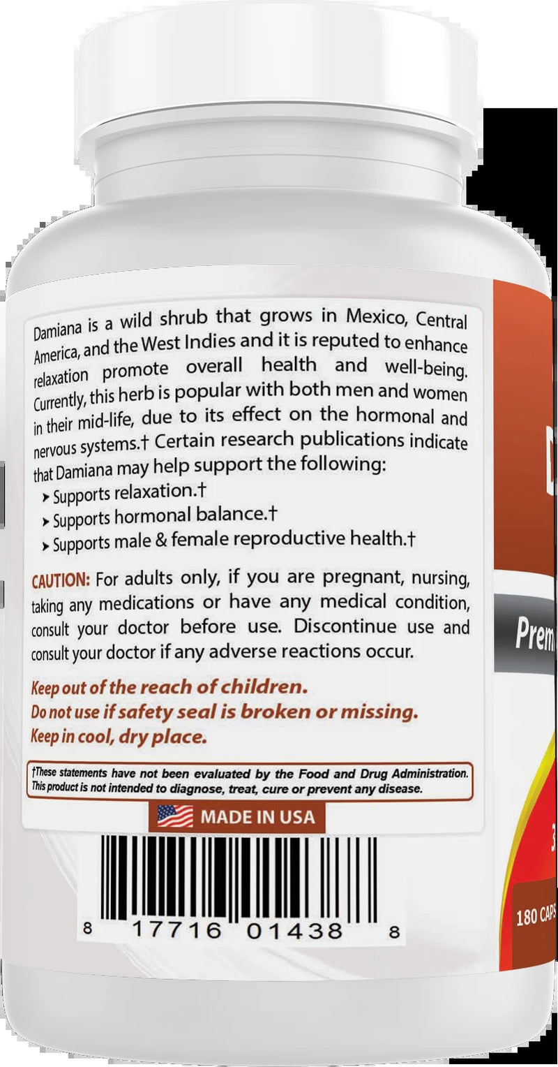 Damiana Leaves 450 Mg 180 Capsules | Supports Male and Female Reproductive Health