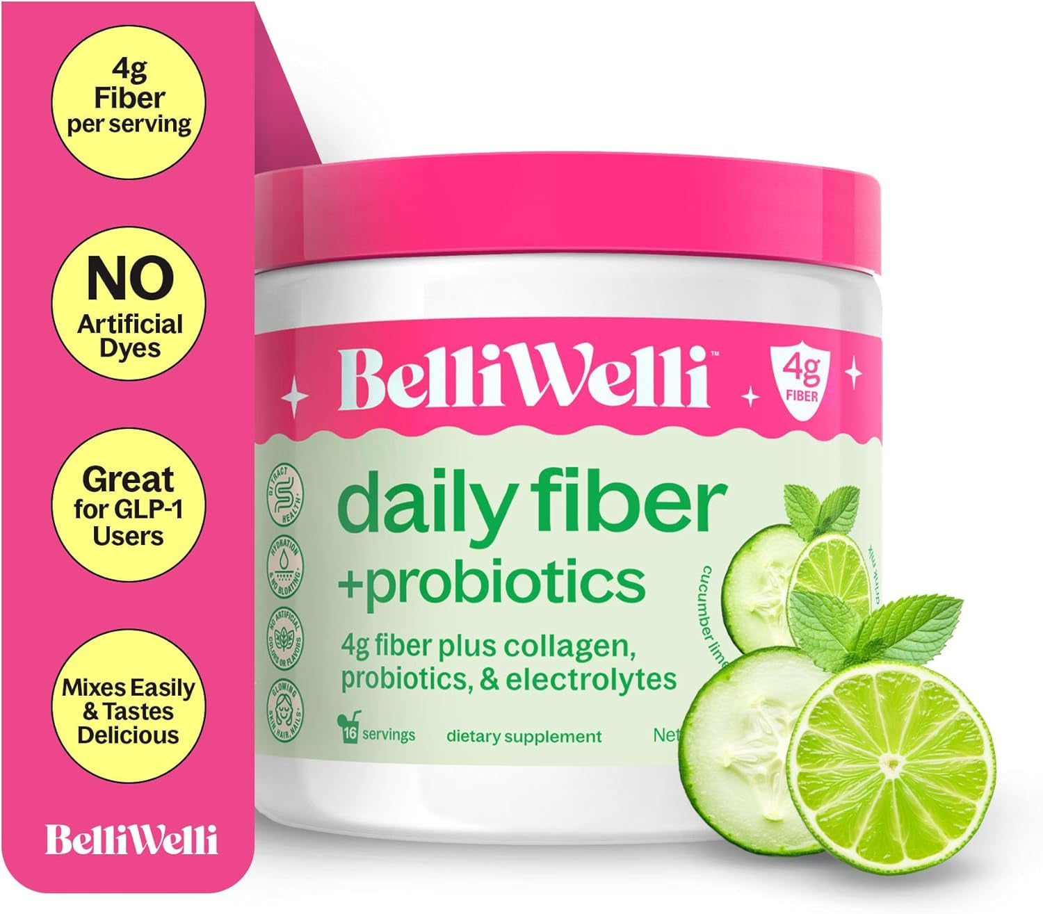 Daily Fiber Supplement with Added Collagen, Probiotics and Electrolytes | Supports Digestive Health and Regularity | Cucumber Lime Mint | 16 Servings
