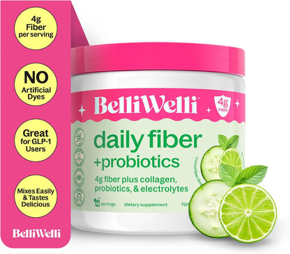 Daily Fiber Supplement with Added Collagen, Probiotics and Electrolytes | Supports Digestive Health and Regularity | Cucumber Lime Mint | 16 Servings