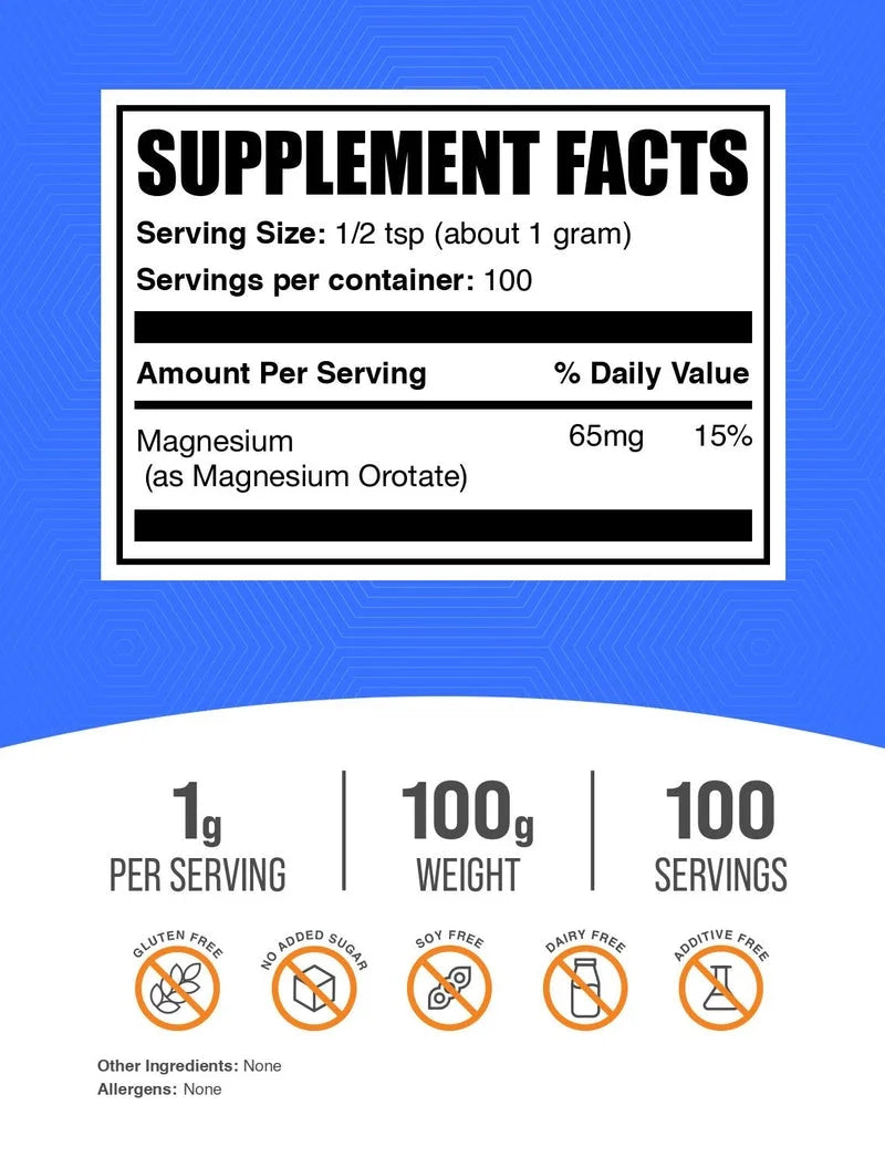 Bulksupplements Magnesium Orotate Powder- 1G per Serving - 100 Grams (3.5 Oz) - 100 Servings