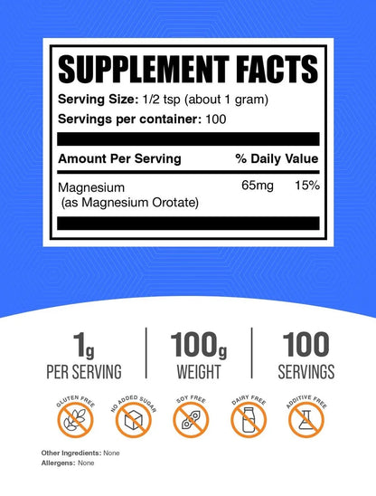 Bulksupplements Magnesium Orotate Powder- 1G per Serving - 100 Grams (3.5 Oz) - 100 Servings