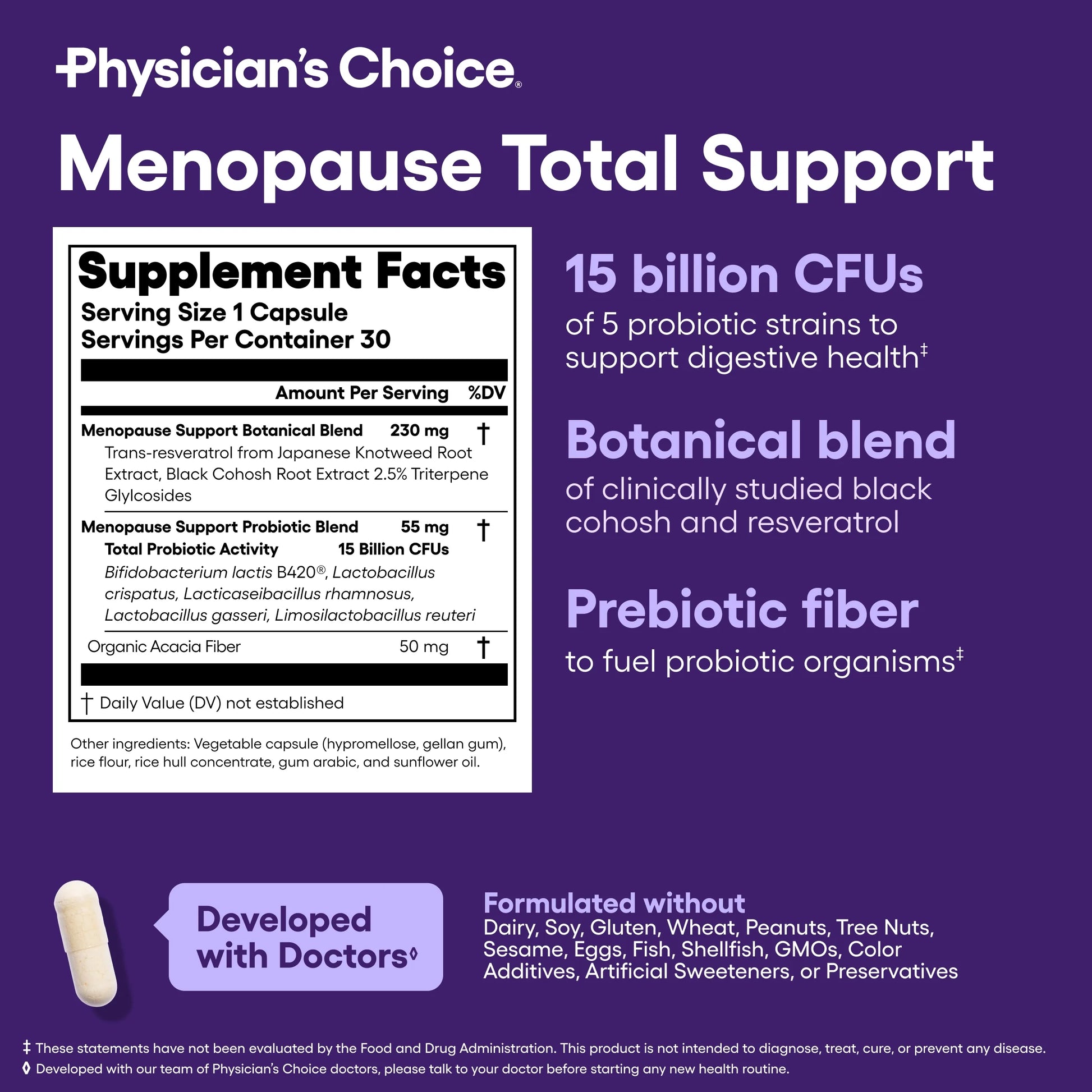 Physician'S Choice Menopause Probiotic Supplement for Women - Supports Hormone Balance, Hot Flashes, Night Sweats, Weight Management, Bloating & Gut Health - 30 Counts