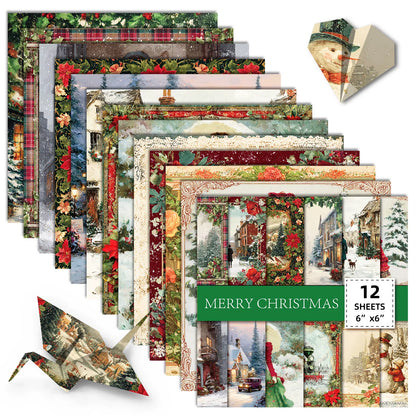 12 Sheet Scrapbooking Paper 15X15Cm, Christmas Journal Planner Paper Pad Cardstock Backgrounds Card for DIY Art Craft Decoration