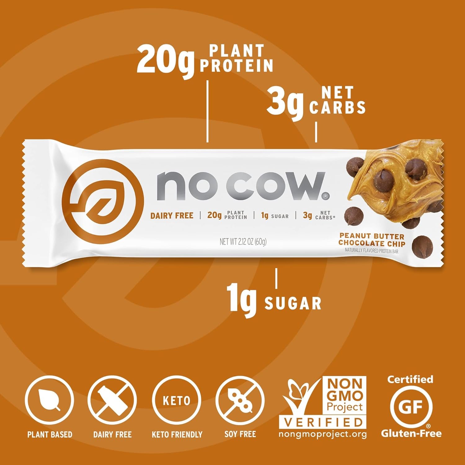 High Protein Bars, Peanut Butter Chocolate Chip - Healthy Snacks, 20G Vegan Protein, High Fiber, Low Sugar, Dairy & Gluten Free (12 Count)