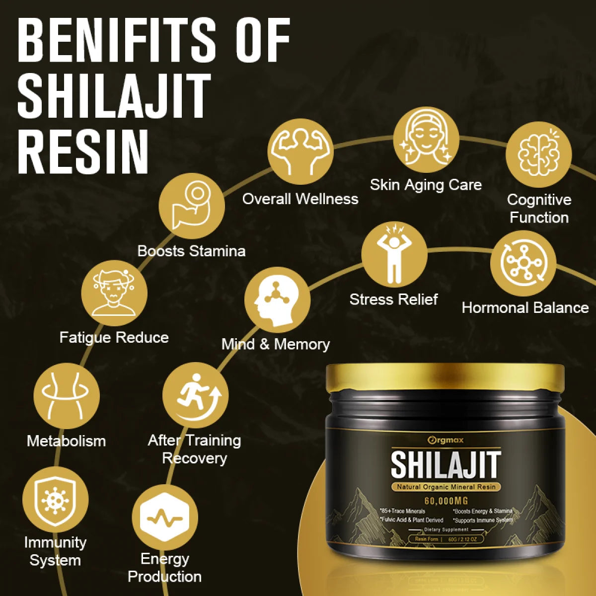 60,000MG Original Siberian Pure Shilajit, Support Metabolism & Immune System - 100 Serving / 60G
