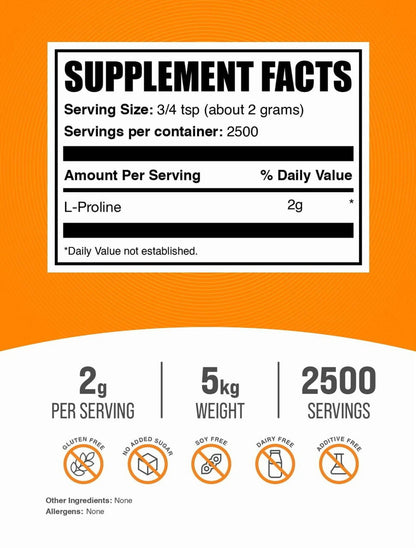 Bulksupplements L-Proline Powder - Amino Acid Supplement, Proline Supplement - Unflavored, 2G per Serving, 5Kg (11 Lbs)