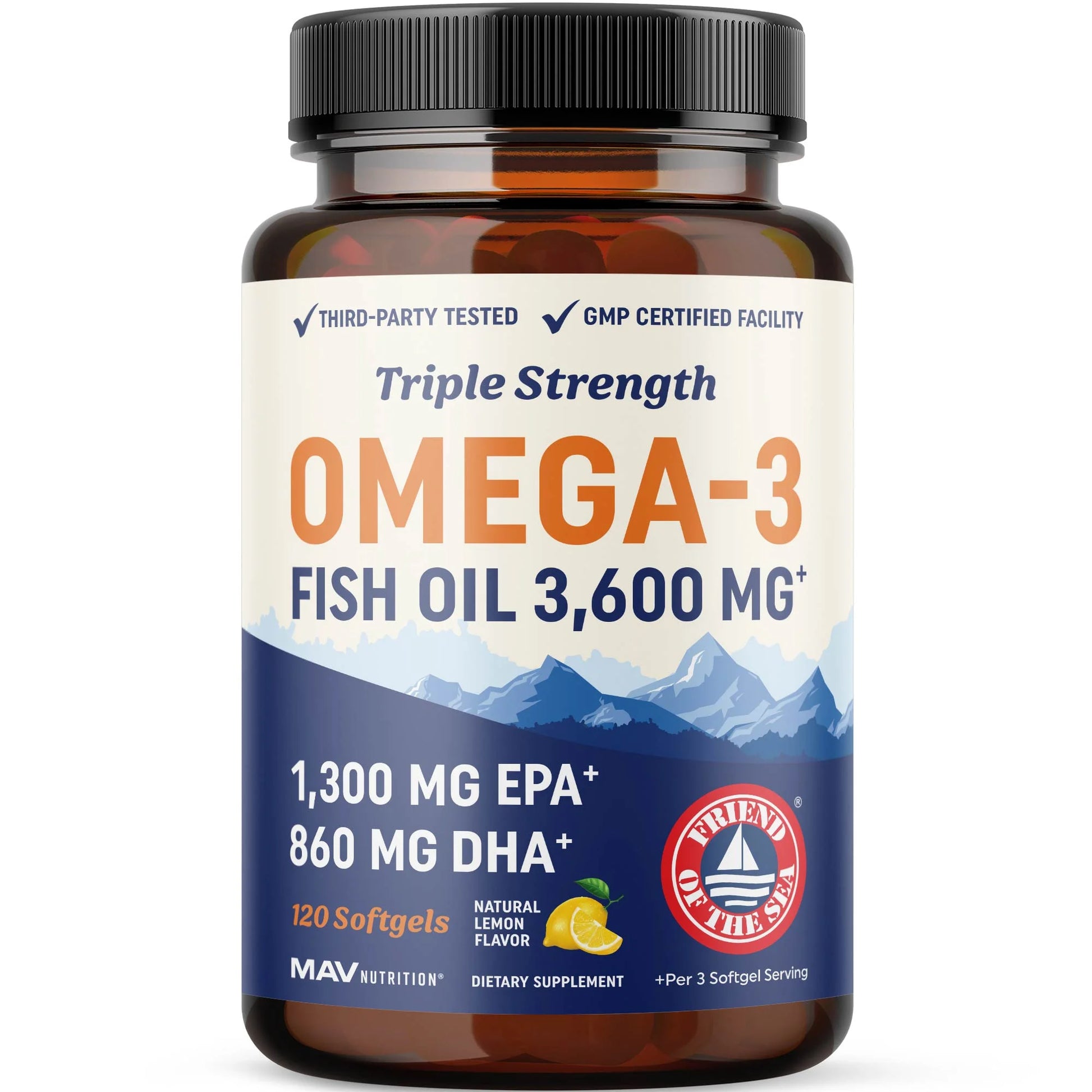 Triple Strength Omega 3 Fish Oil 3600 Mg | EPA & DHA | over 2100Mg Omega-3 Fatty Acids | 1300Mg EPA + 860Mg DHA | Burpless Fish Oil Omega 3 Supplements | 120 Ct