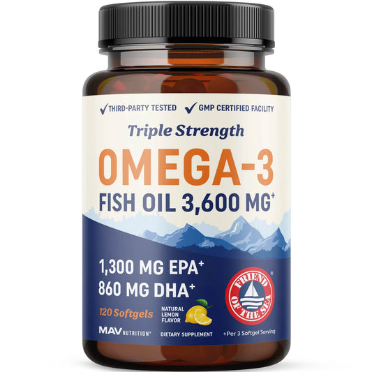 Triple Strength Omega 3 Fish Oil 3600 Mg | EPA & DHA | over 2100Mg Omega-3 Fatty Acids | 1300Mg EPA + 860Mg DHA | Burpless Fish Oil Omega 3 Supplements | 120 Ct