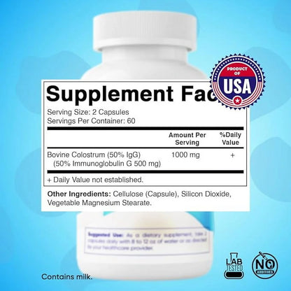 Bovine Colostrum Supplement 1000 Mg per Serving - 50% Highest Igg - Supplement for Gut Health, Hair Growth, Beauty, Muscle Recovery, & Immune Support - 120 Capsules