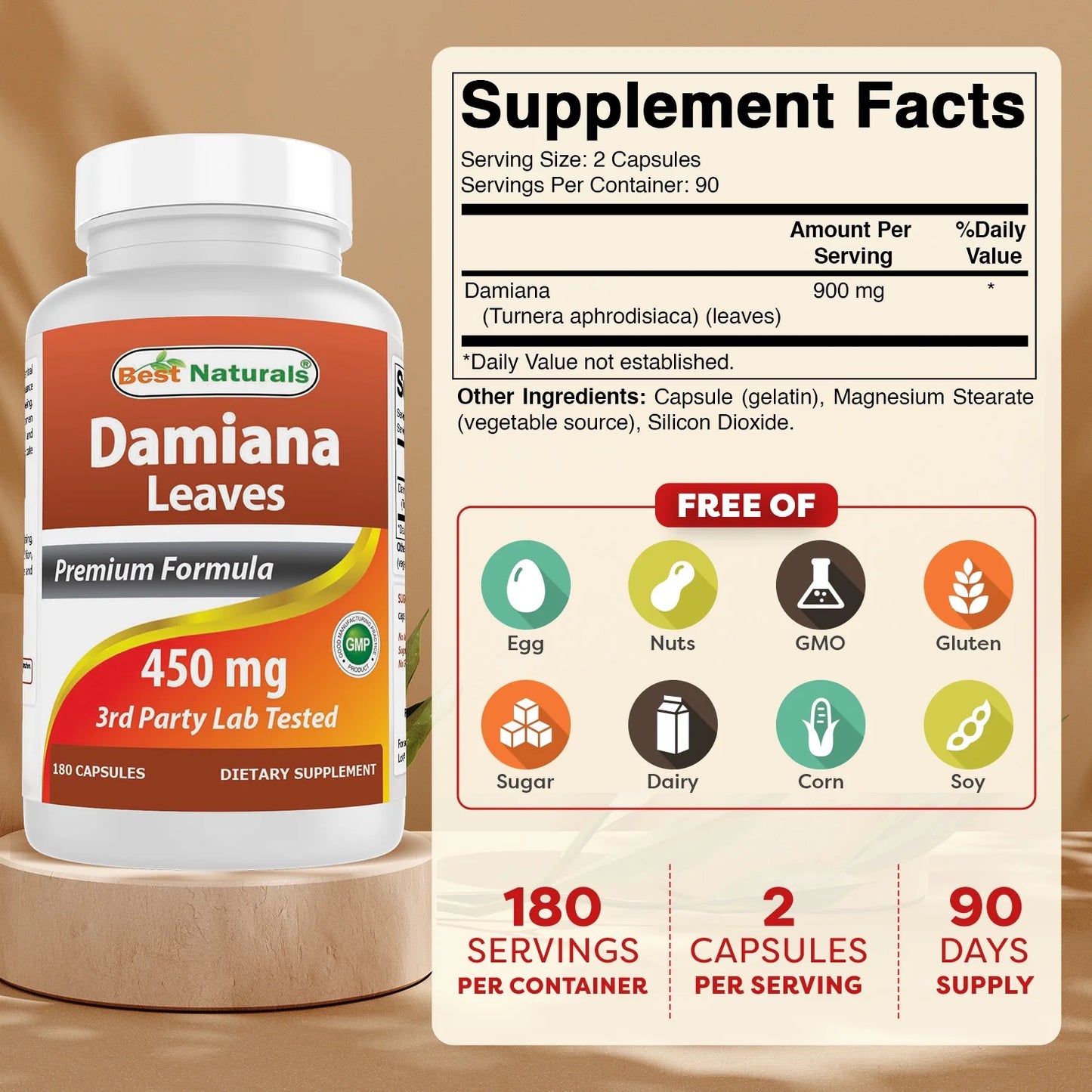 Damiana Leaves 450 Mg 180 Capsules | Supports Male and Female Reproductive Health