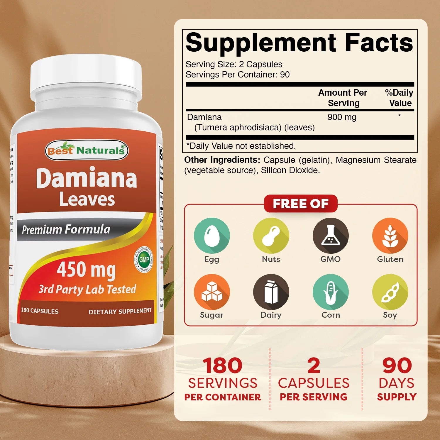 Damiana Leaves 450 Mg 180 Capsules | Supports Male and Female Reproductive Health