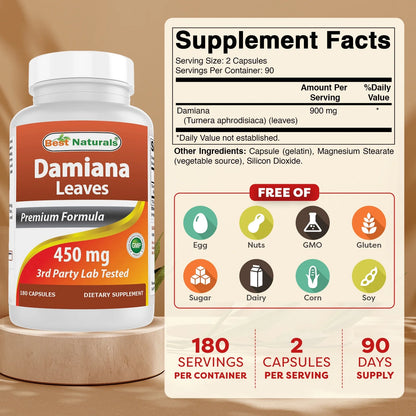 Damiana Leaves 450 Mg 180 Capsules | Supports Male and Female Reproductive Health