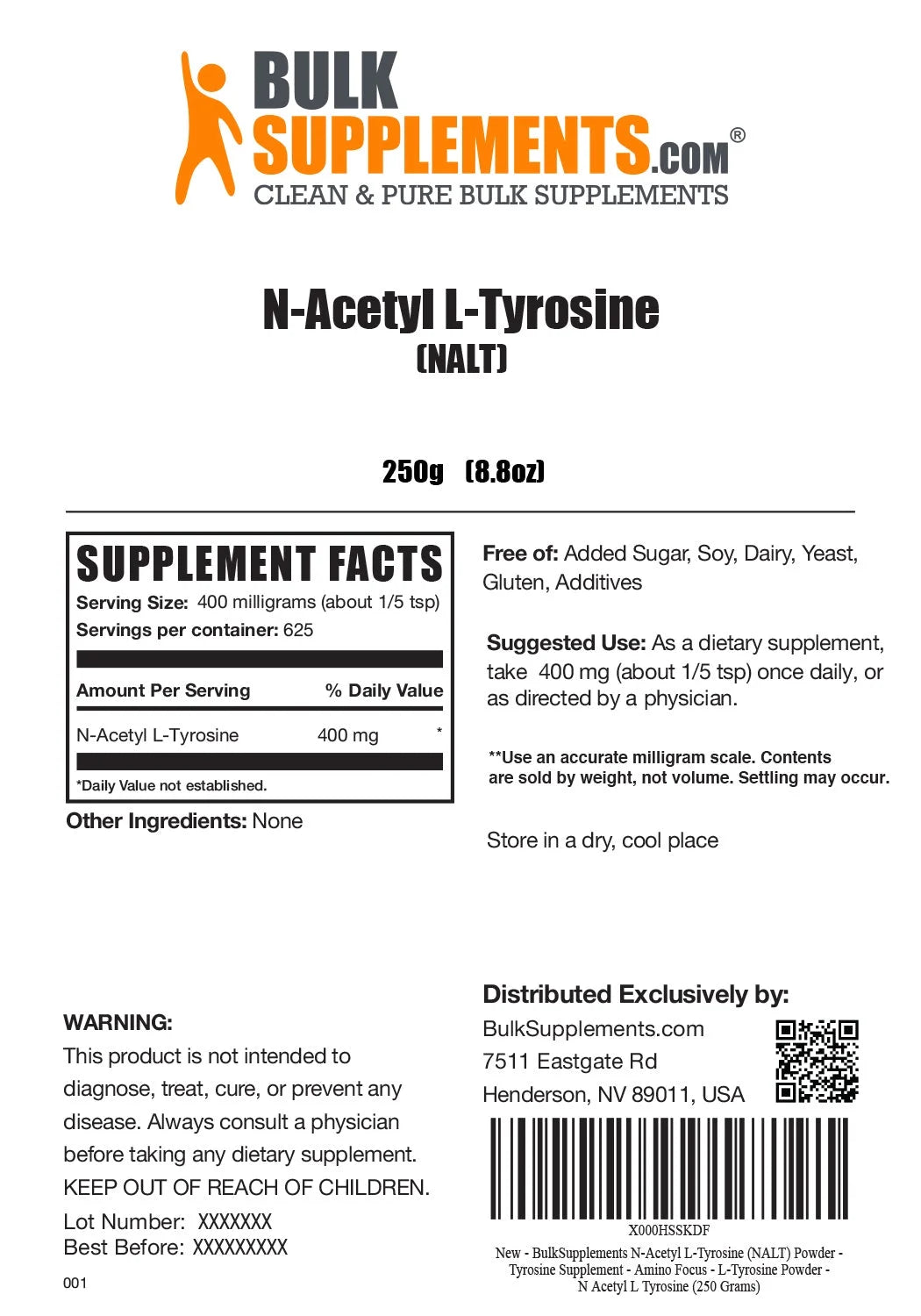 Bulksupplements N-Acetyl L-Tyrosine (NALT) Powder - 400Mg per Serving - 250 Grams (8.8 Oz) - 625 Servings